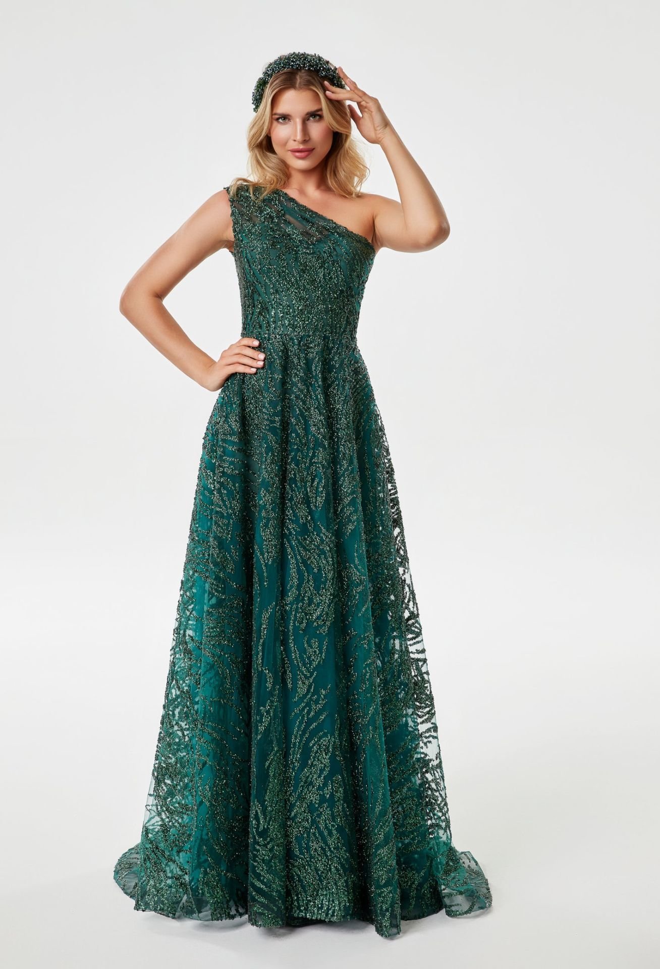 One Shoulder, Embroidered Evening Dress Model