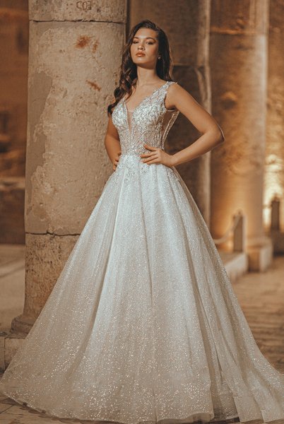 Deep v neck clearance ball gown wedding dress