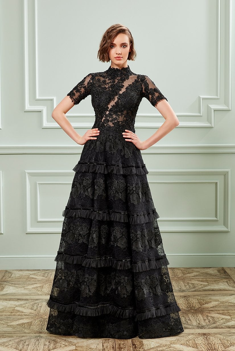 İşlemeli, Dantelli, Yarım Kollu, Kloş Etek Abiye Modeli - (Yeni Versiyon Modelinde Dantel Farklıdır)