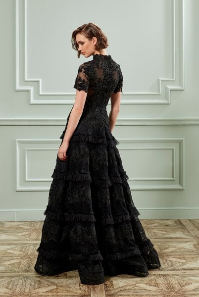 Embroidered, Lace, Half Sleeve, Flared Skirt Evening Dress Model