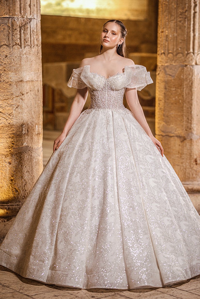 Princess Wedding Dress with Princess Collar Semi-Transparent Puffy and Tailed Skirt Form