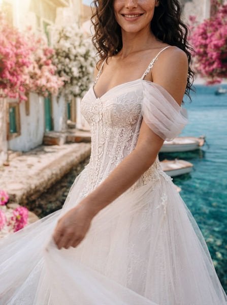 Kristal Taş İşlemeli Kalp Yaka, Düşük Omuz Mikado Kumaş, Şeffaf Panelli Mimari Korseli Prenses Gelinlik Modeli