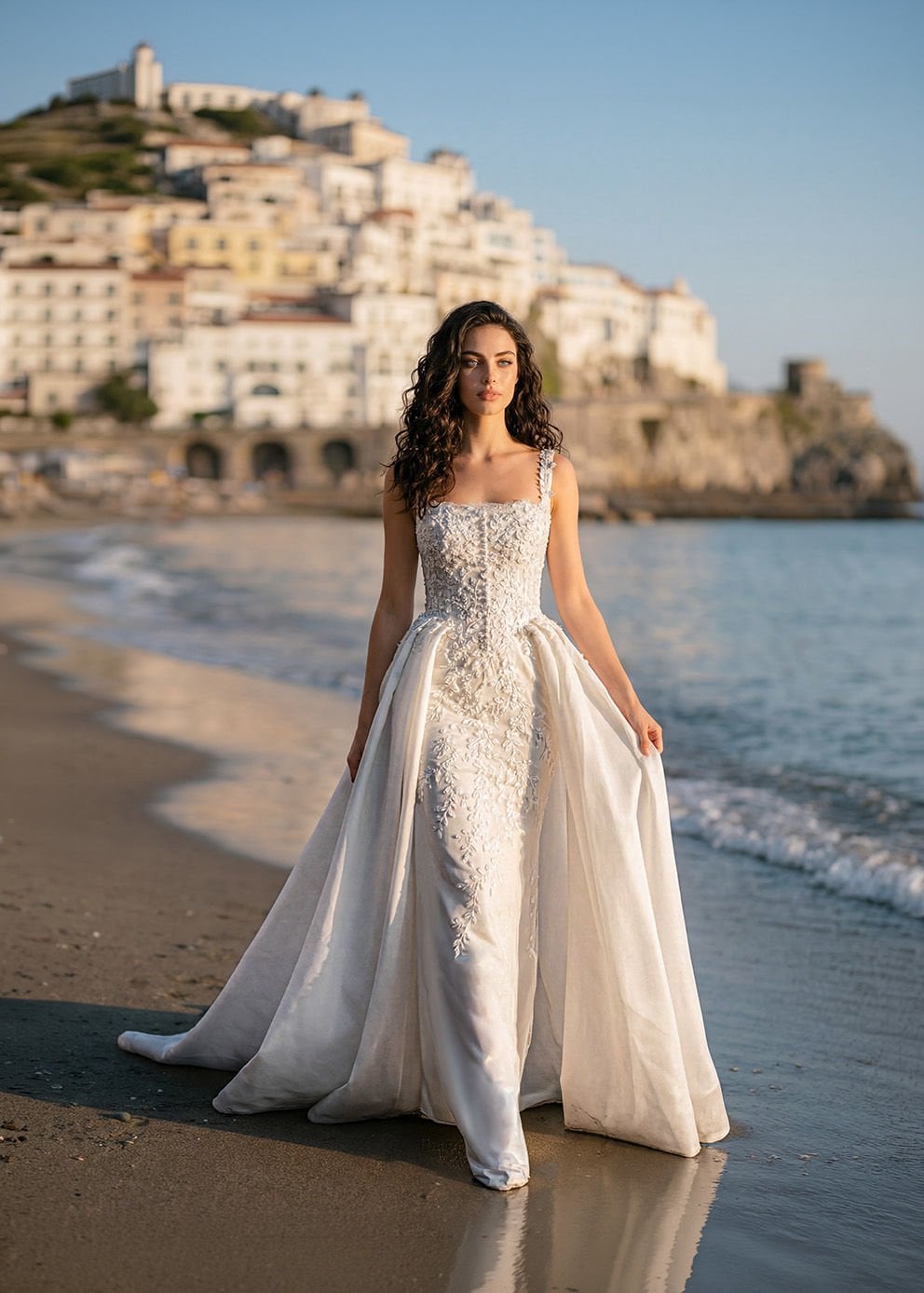 Üç Boyutlu Floral Aplikeli, Omuzdan Düşen Drapeli Kol, Transparan Balenli Korseli Ve Simli Tül Etekli Helen Gelinlik Modeli