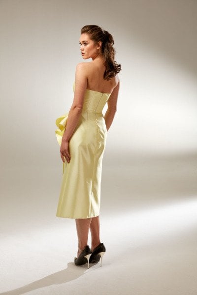 Strapless, Mikado Satin, Slit, Midi Length Evening Dress Model