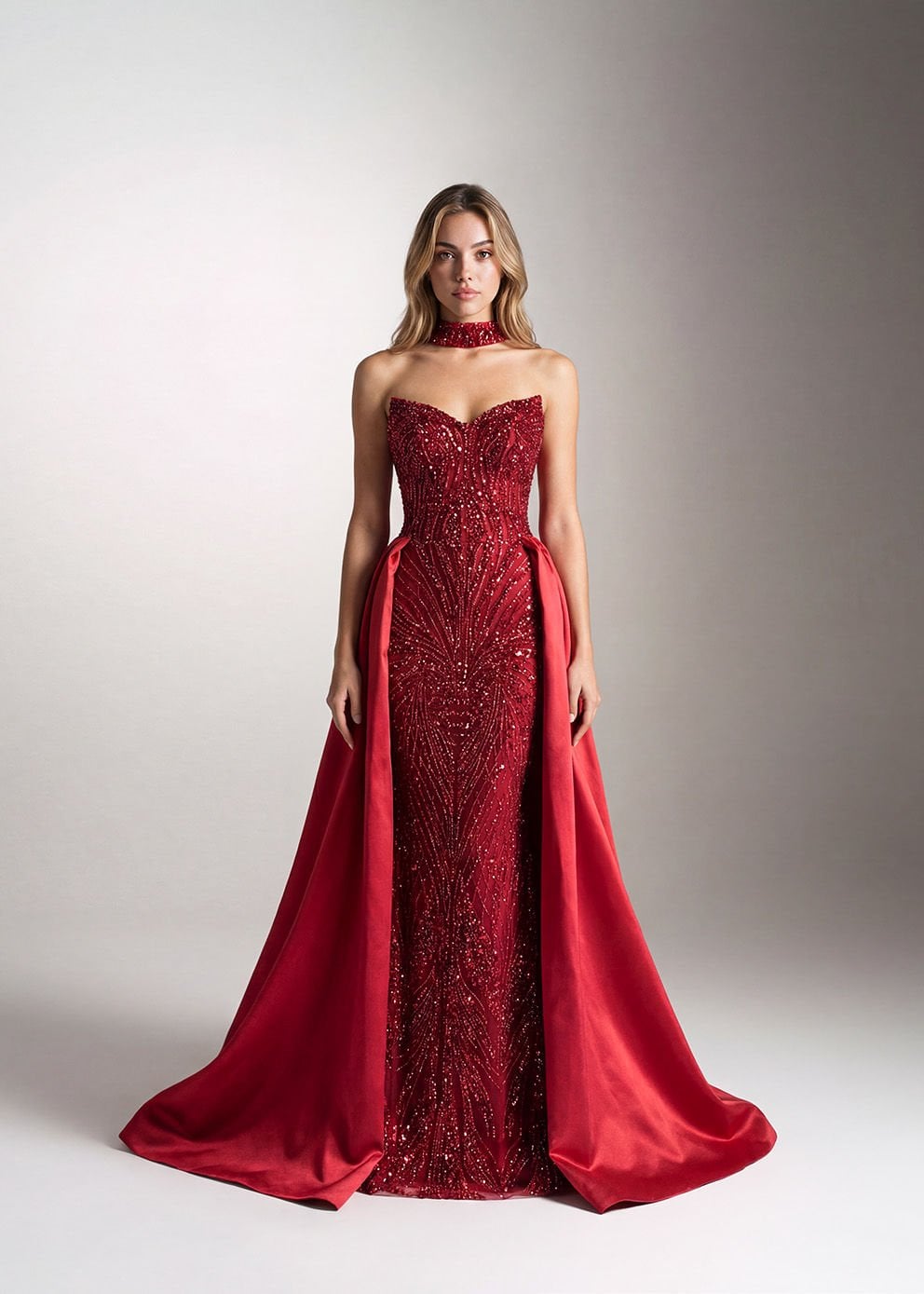 Işıltılı Payet İşlemeli, Choker Detaylı, Pelerinli Balık Form Uzun Abiye Modeli