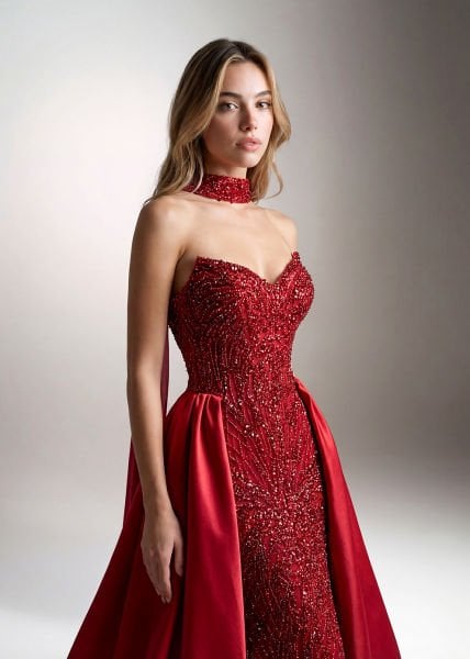 Işıltılı Payet İşlemeli, Choker Detaylı, Pelerinli Balık Form Uzun Abiye Modeli