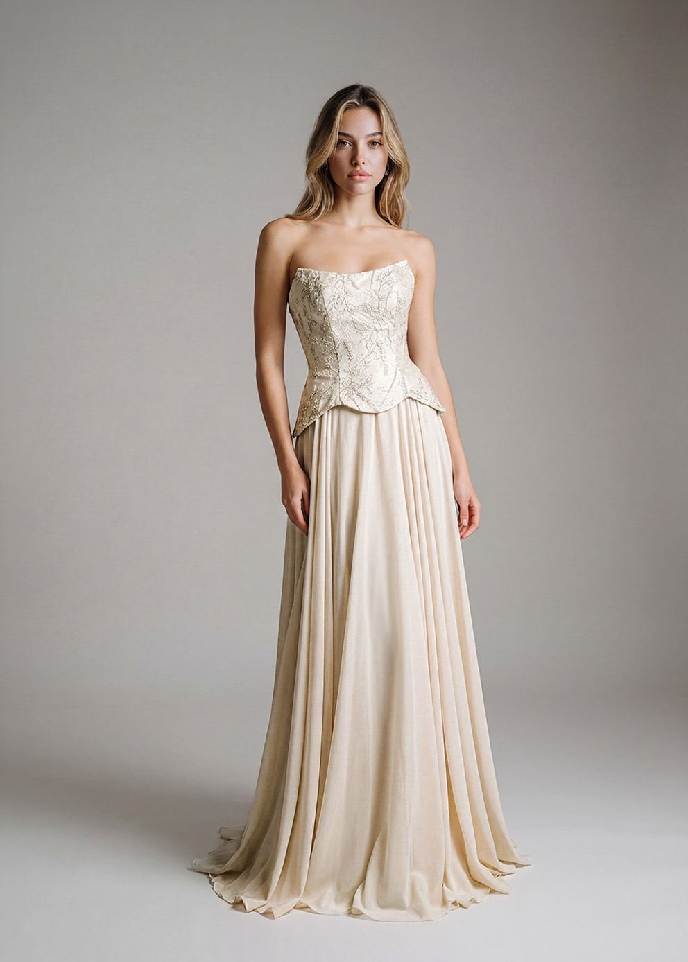 Korsajlı Brokar Üst, Straplez Kesim, Şifon Etekli, Helenistik Abiye Modeli