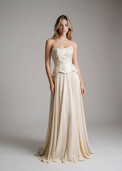 Korsajlı Brokar Üst, Straplez Kesim, Şifon Etekli, Helenistik Abiye Modeli