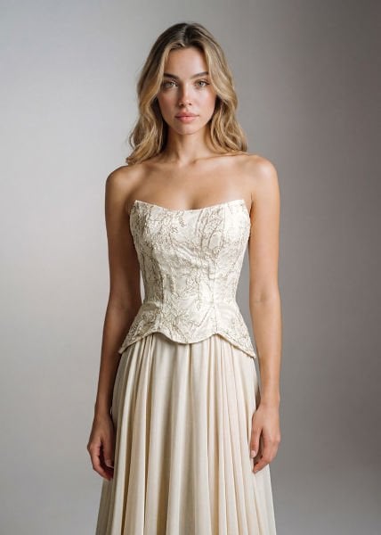 Korsajlı Brokar Üst, Straplez Kesim, Şifon Etekli, Helenistik Abiye Modeli