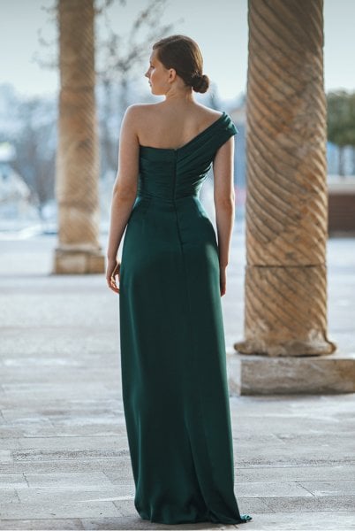 One-shoulder, Draped, Satin Fabric Plain Evening Dress Model
