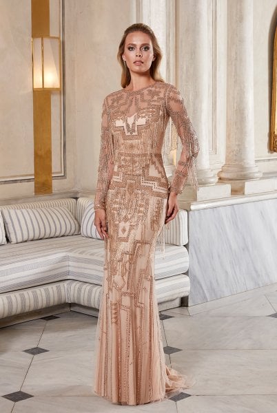Long Sleeved Imported Evening Dress with Stones and Glitter