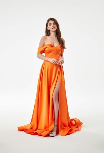 Off Shoulder, Deep Slit Evening Dress Model