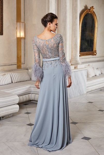 Long Sleeve And Feather Detailed Body Embroidered Gray Chiffon Evening Dress