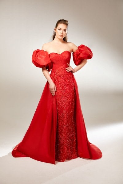 Portable Balloon Sleeves Draped Size Strapless Taffeta Satin Embroidered Lace Tailed Evening Dress Model
