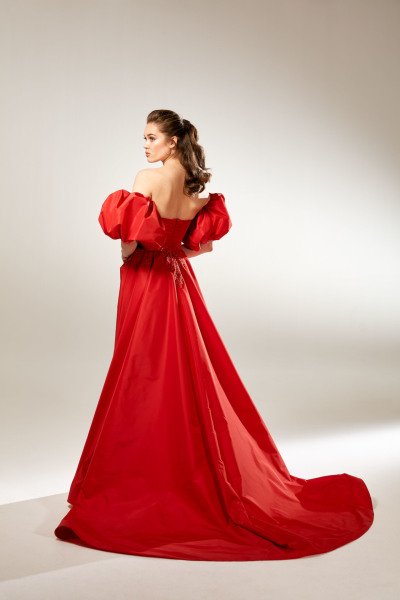 Portable Balloon Sleeves Draped Size Strapless Taffeta Satin Embroidered Lace Tailed Evening Dress Model