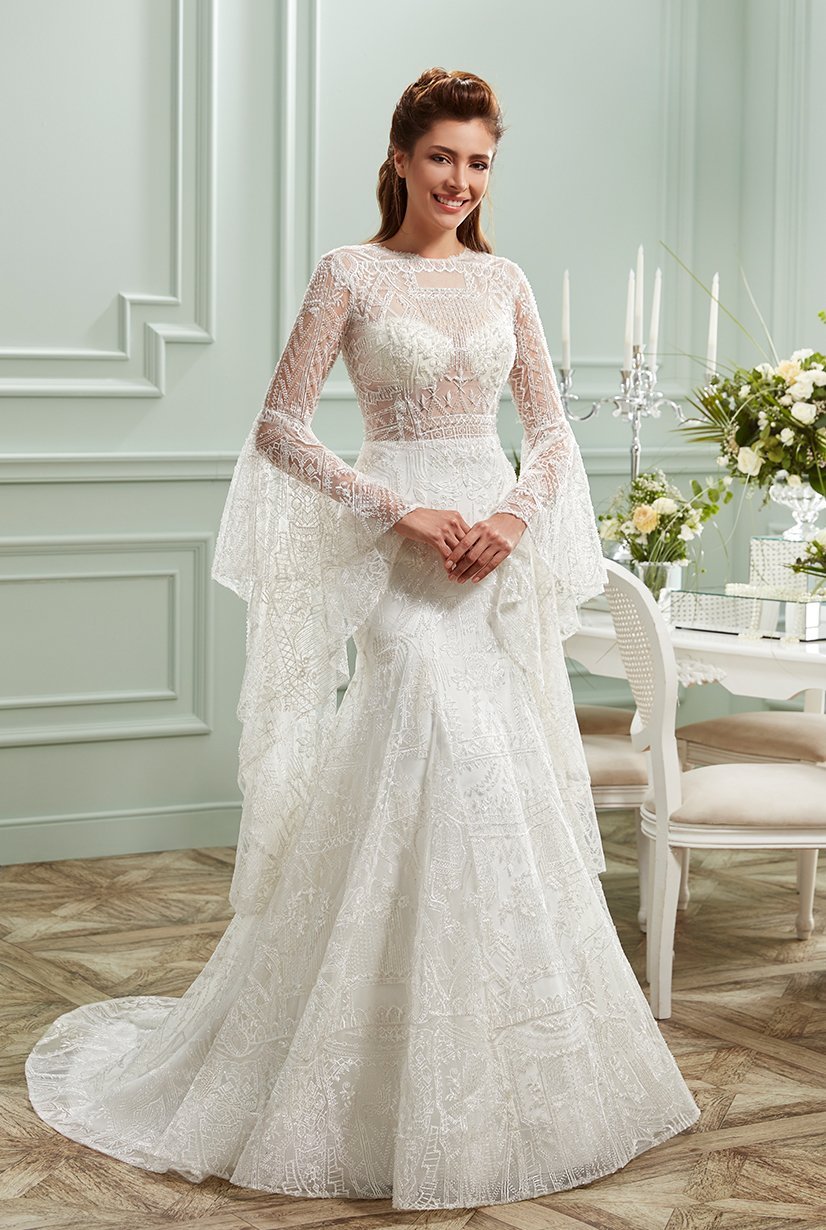 Transparent , Long Spanish Sleeve , Fish Wedding Dress Model