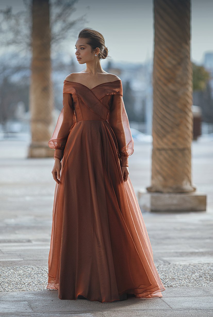 Silk Organza A-Line Evening Dress with Madonna Collar and Balloon Sleeves