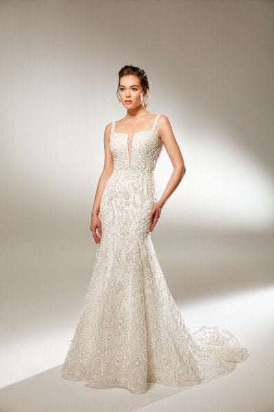 Square Neck Mermaid Wedding Dress Made of Glittery Fabric With Embossed Floral Pattern