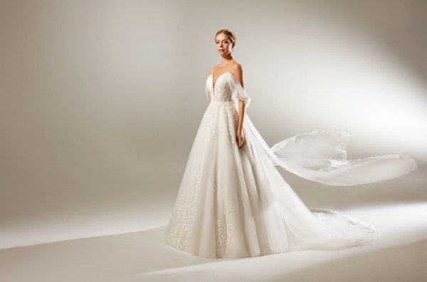 ﻿A-Line Wedding Dress with Tulle Drapes, Deep Bust Decollete, Imaginary Tulle, Side Sleeves Detail