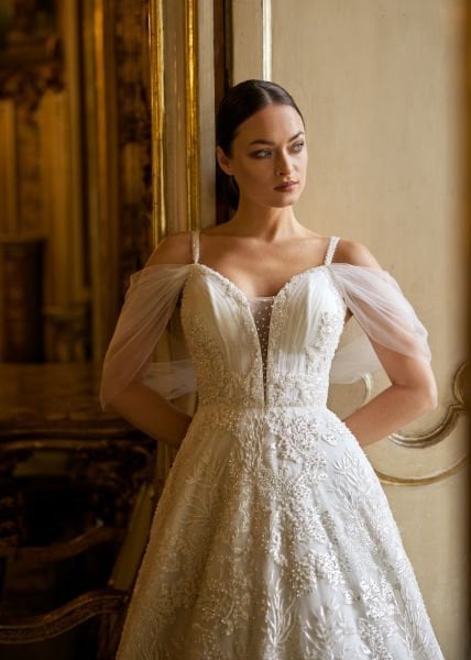 A-Line Wedding Dress Model with Side Tulle Sleeve Detail, Draped, Sparkling Rope Strap, Sparkling Embroidered Lace