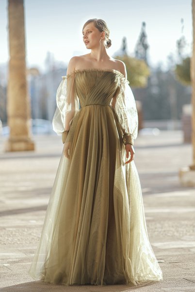 Size Draped Balloon Tulle Sleeves A-Line Skirt Evening Dress Model