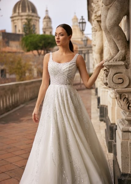 Square neckline, heavily embroidered upper body, U style, backless, Helen and A cut wedding dress model