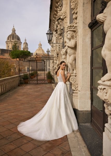 Square neckline, heavily embroidered upper body, U style, backless, Helen and A cut wedding dress model