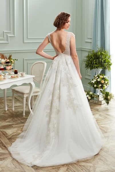 Helen Cut Wedding Dress with Deep Back and Bust Decollete, Embellished with Silver Bead Motifs