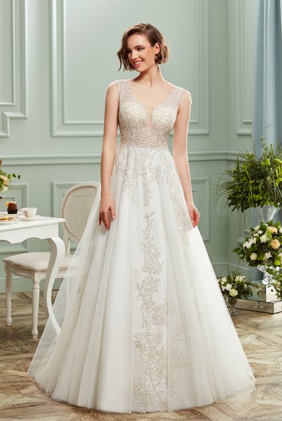 Helen Cut Wedding Dress with Deep Back and Bust Decollete, Embellished with Silver Bead Motifs