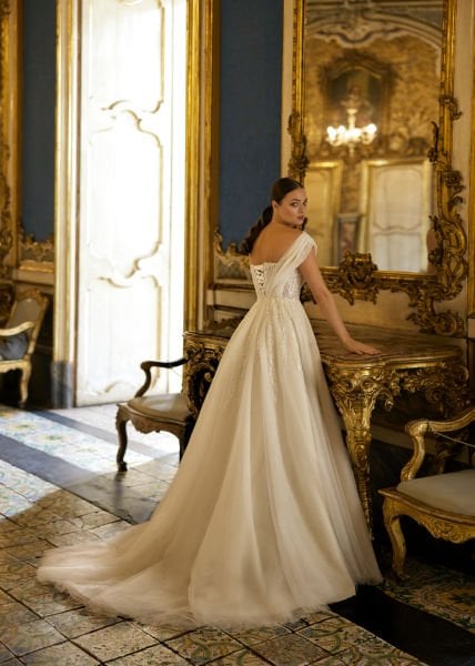 One-shoulder, intensely sparkling, off-the-shoulder A-cut wedding dress model