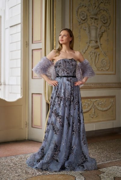 Strapless, Embroidered, Sparkly Lace, Belt Detailed Sleeve Design, Flounced Shawl Accessory, Helen Evening Dress Model-Red