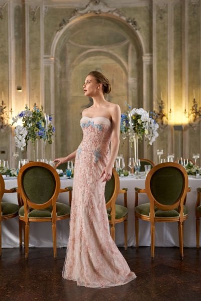 Straplez, İşlemeli Dantelli, Saten Portatif Kollu Dar Kesim Abiye Modeli