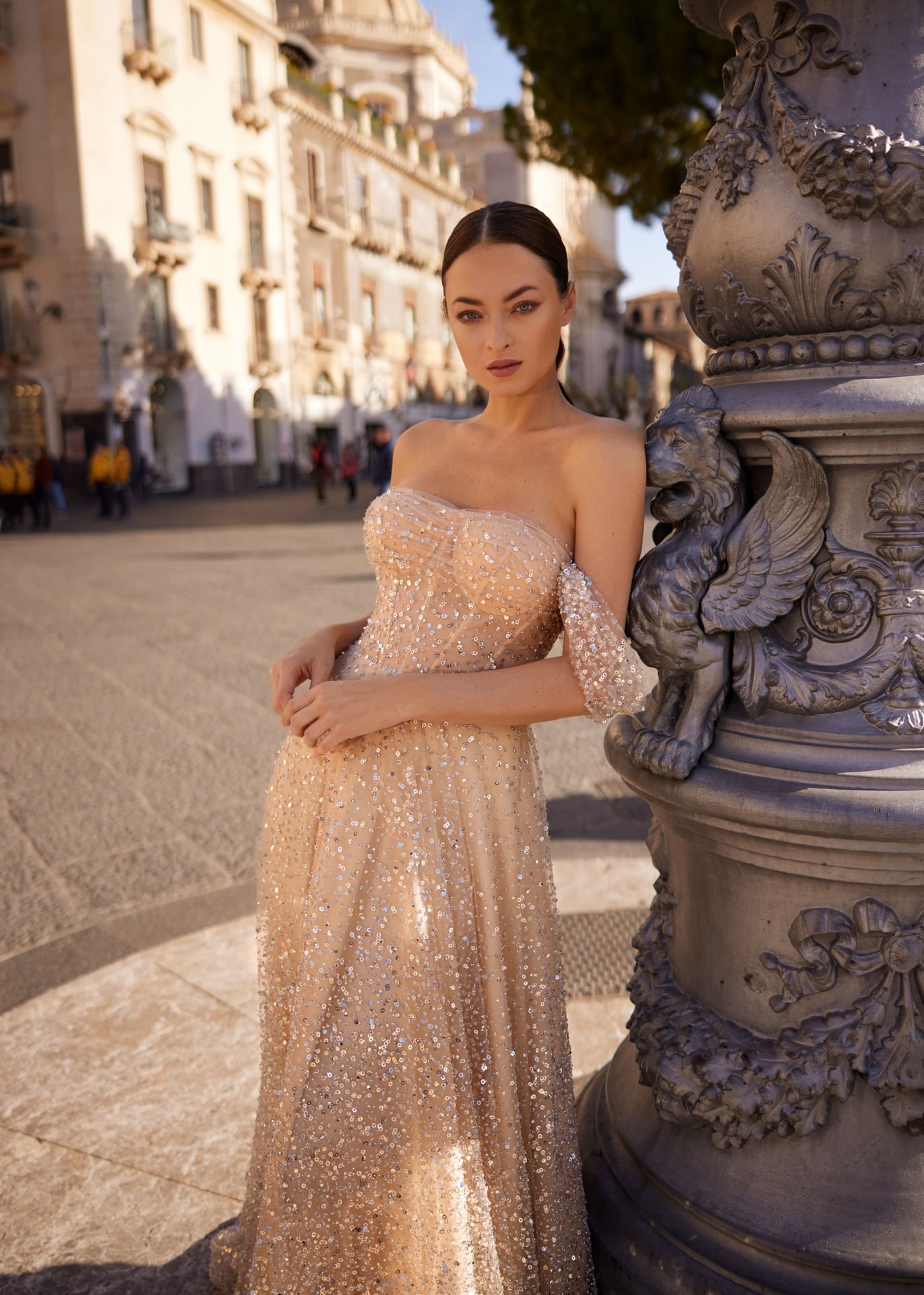 Off-shoulder, sparkling sequined, A-cut flared skirt evening dress model