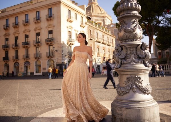 Off-shoulder, sparkling sequined, A-cut flared skirt evening dress model