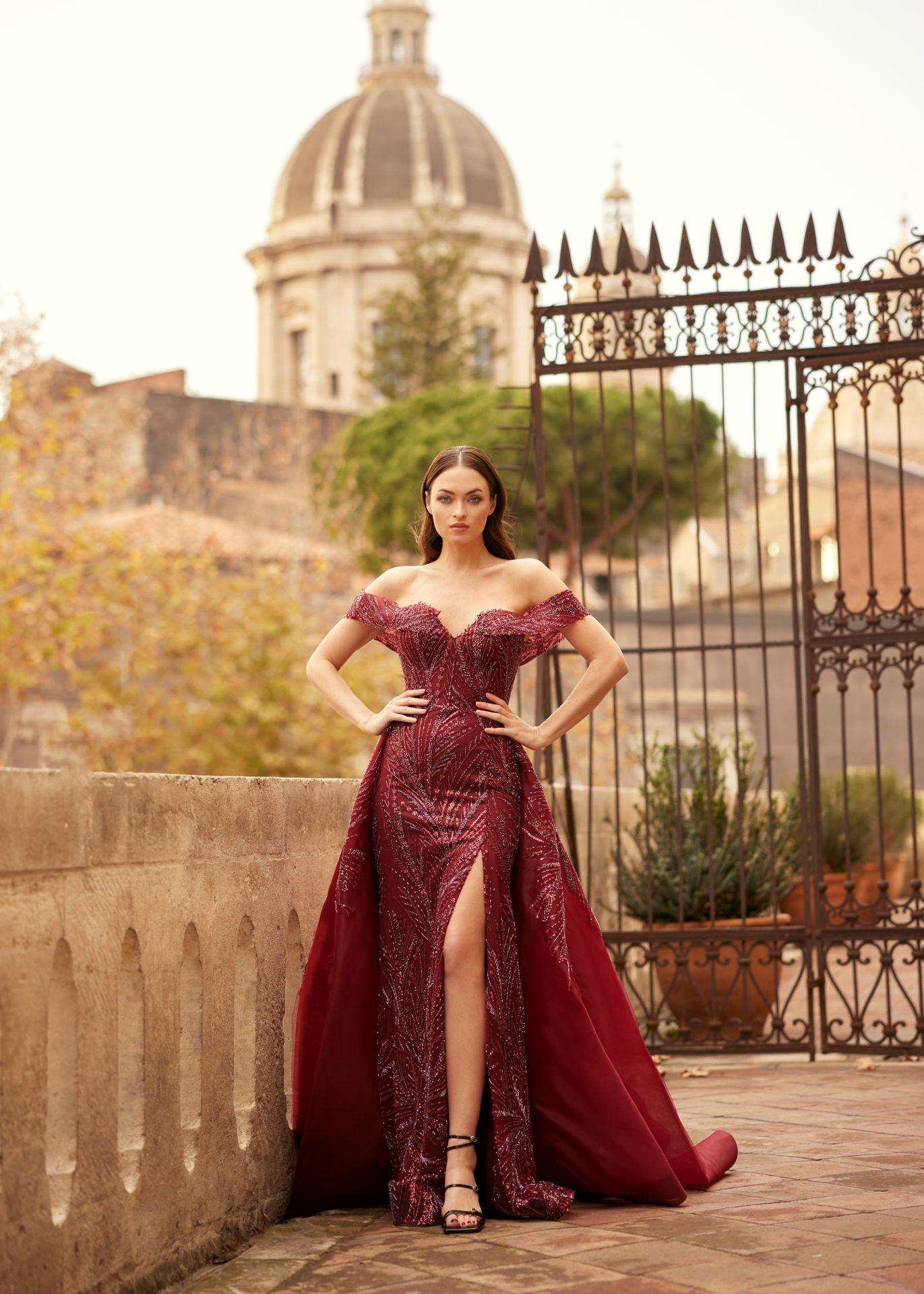 Mermaid Evening Dress Model with Princess Collar, Side Sleeve Detail, Embroidered Lace, Frock, Slit