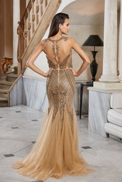 Dekolteli, Taşlı Parıltılı, Gold İthal Abiye Modeli