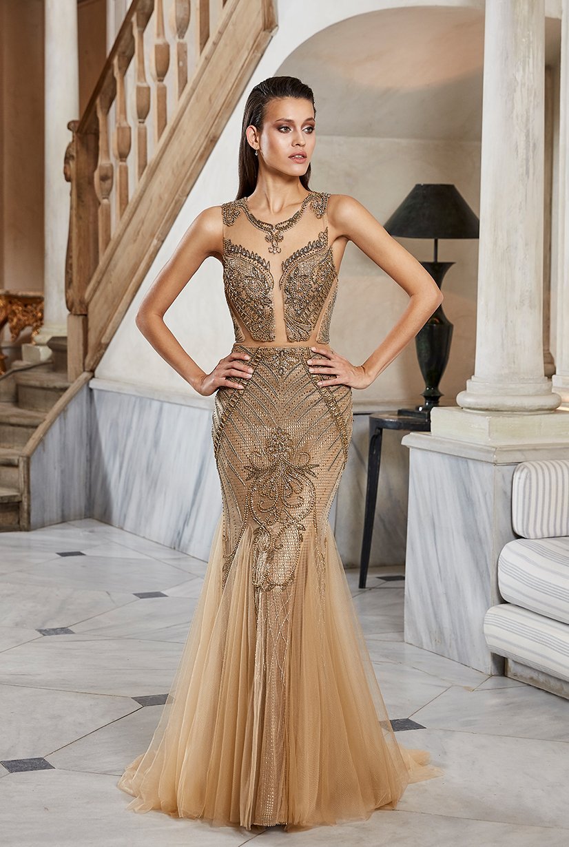 Dekolteli, Taşlı Parıltılı, Gold İthal Abiye Modeli