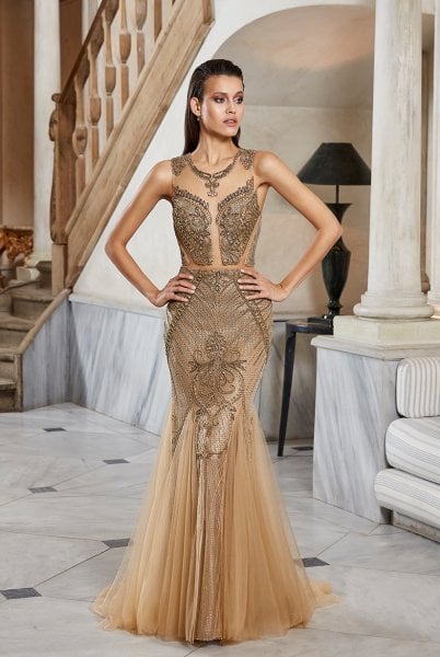 Dekolteli, Taşlı Parıltılı, Gold İthal Abiye Modeli