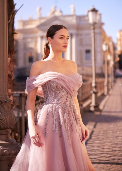 Evening Dress Model with Carmen Neckline, Embroidered Sparkling Lace, A-Line Skirt, One-Sided Slit