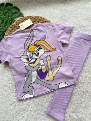 Lila Bugs Bunny Baskılı Tayt Takım