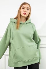 3 İplik Kumaş Basen Altı Boy Fermuar Detaylı Kadın Sweatshirt-Mint