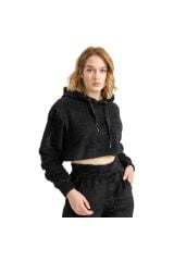 Velsoft Kumaş Kapüşonlu Crop Boy Rahat Kalıp Kadın Sweatshirt-Siyah