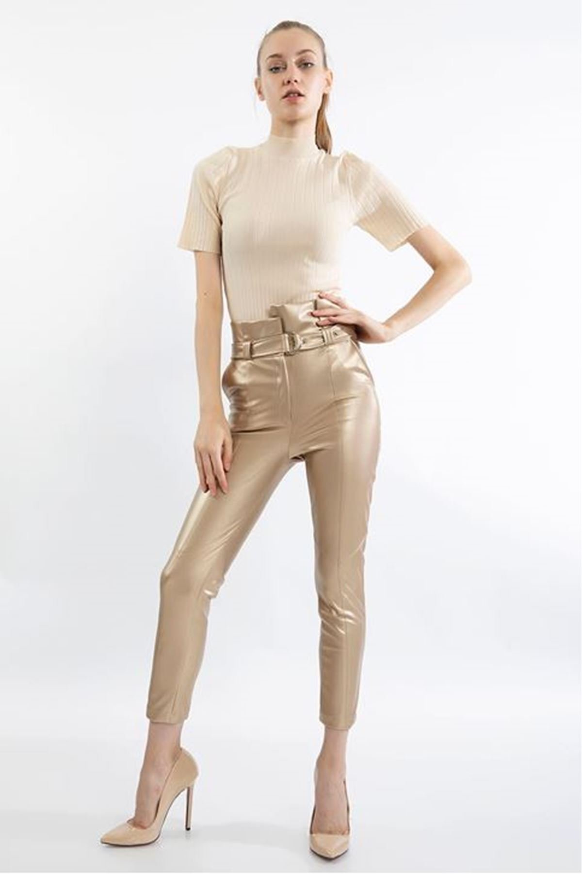 Zara Deri Kumaş Bilek Boy Dar Kalıp Yüksel Bel Kemerli Kadın Pantolon-Gold