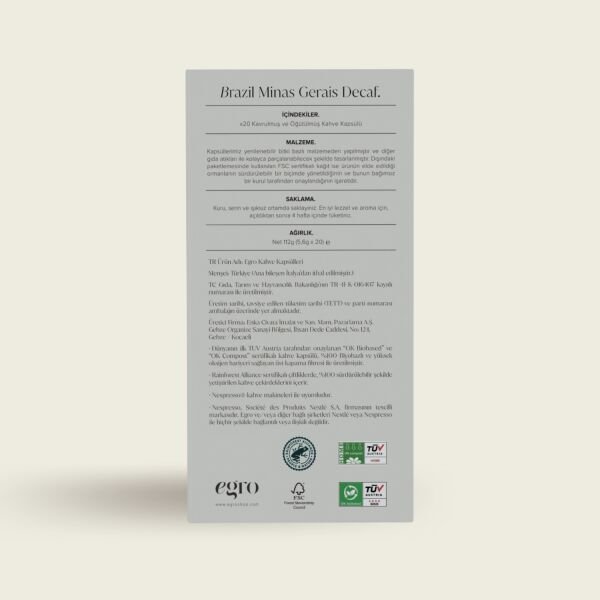 Brazil, Minas Gerais Decaf I 100% Evde-Kompostlanabilir Kapsül Kahve x 20 Adet