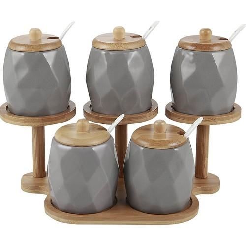 Acar 10881 Loyal 5li Bambu Standlı Bombeli Porselen Baharat Takımı - Bej
