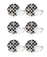 Acar 276 Enzo Chess 6 Kişilik Cam Tabaklı Porselen Kahve Fincanı Takımı