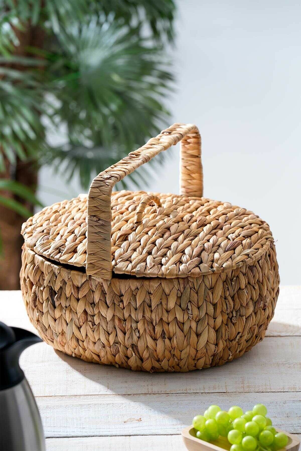 Acar 298 Wicker Kapaklı Oval Hasır Piknik Sepeti 38 x 30 x 18 Cm