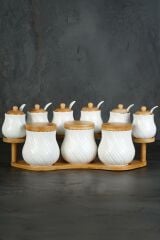 Acar Lonnis 10427 Beyaz Porselen Bambu Stand 9'Lu Baharat Set