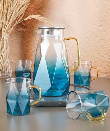 Acar 90 Mavi Cam Sürahi Seti 1500 ML + 4 Adet Bardak 300 ML
