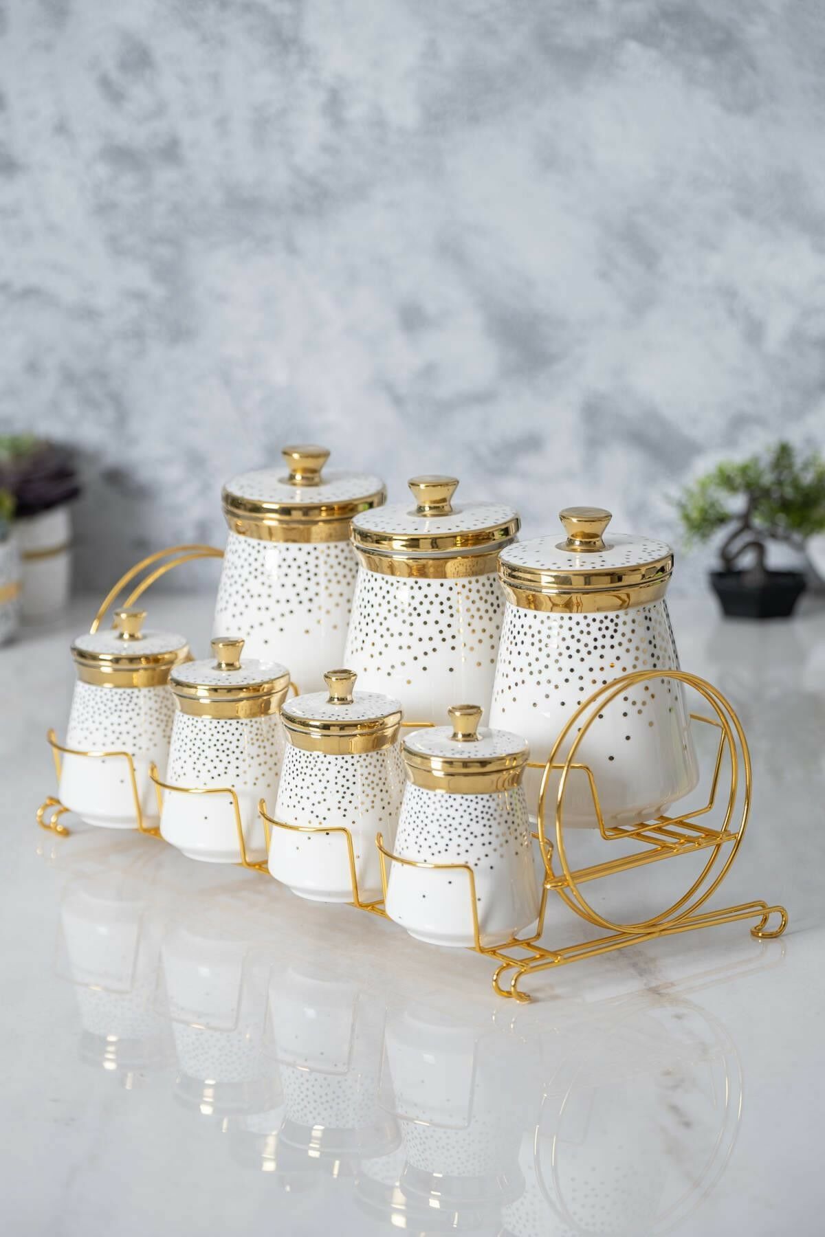 Acar 6388 Fleur Metal Standlı 7 Li Baharat Takımı Gold